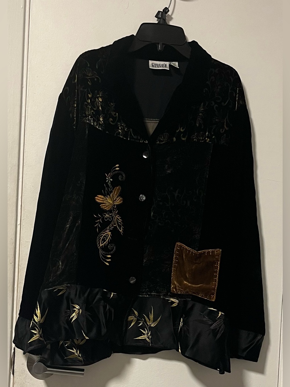 Chico's Black Velvet Blazer with Gold Embroidery and Brown Pocket